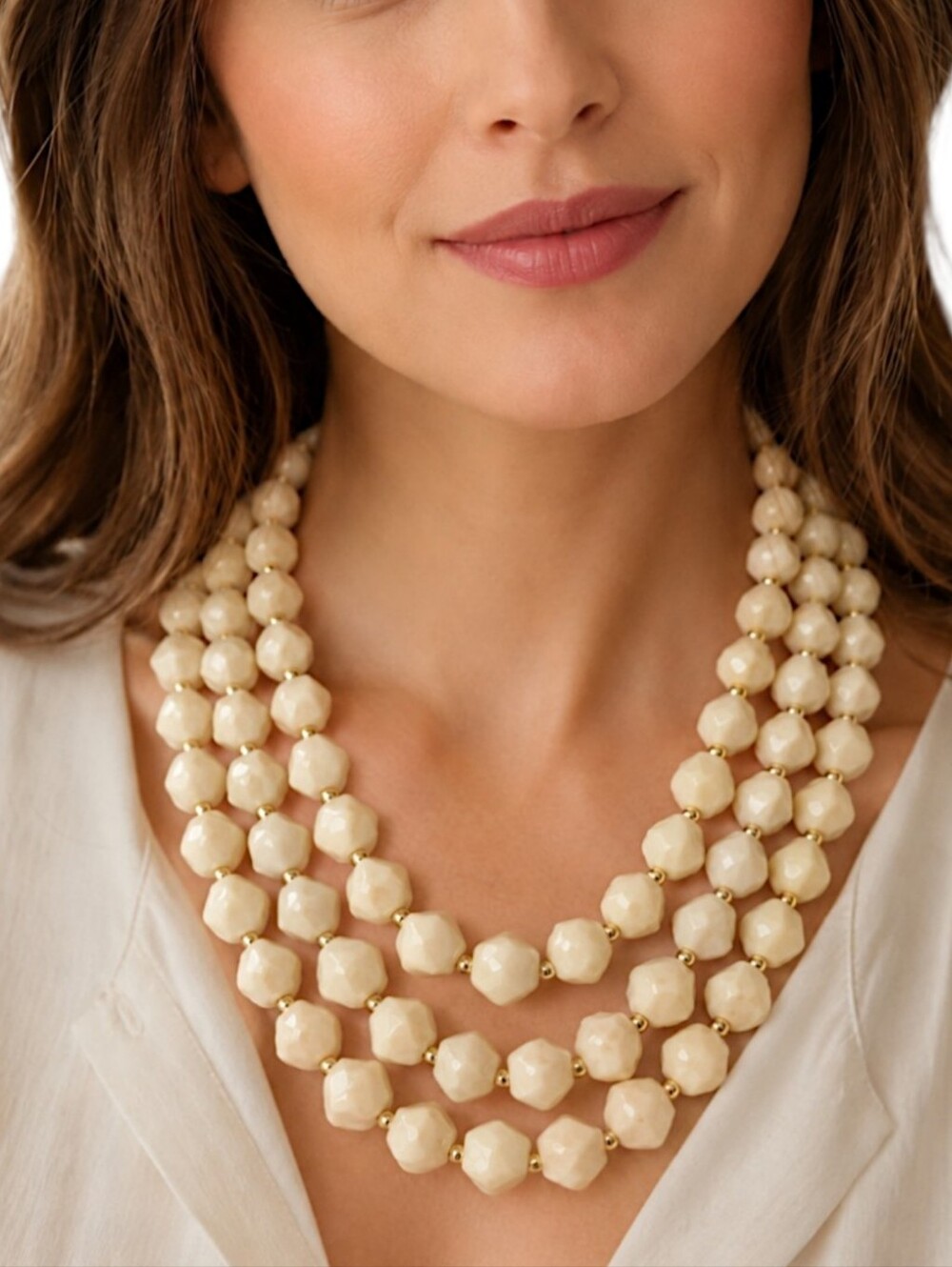 Multi Strand Textured Bead Necklaceโ Vintage 60s Acrylic MCM Ivory Gold Tone